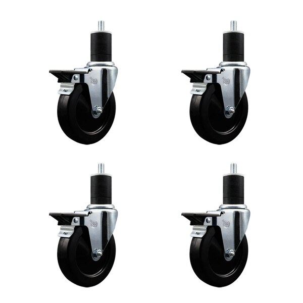 5'' Soft Rubber Swivel 1-3/4'' Expanding Stem Caster Set with Brake, 4PK